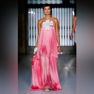 PatBo Beaded Fringe Pink White Maxi Runway Dress Size 4